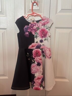Hannah Banana Black & White Floral Panel Dress with Pink Roses